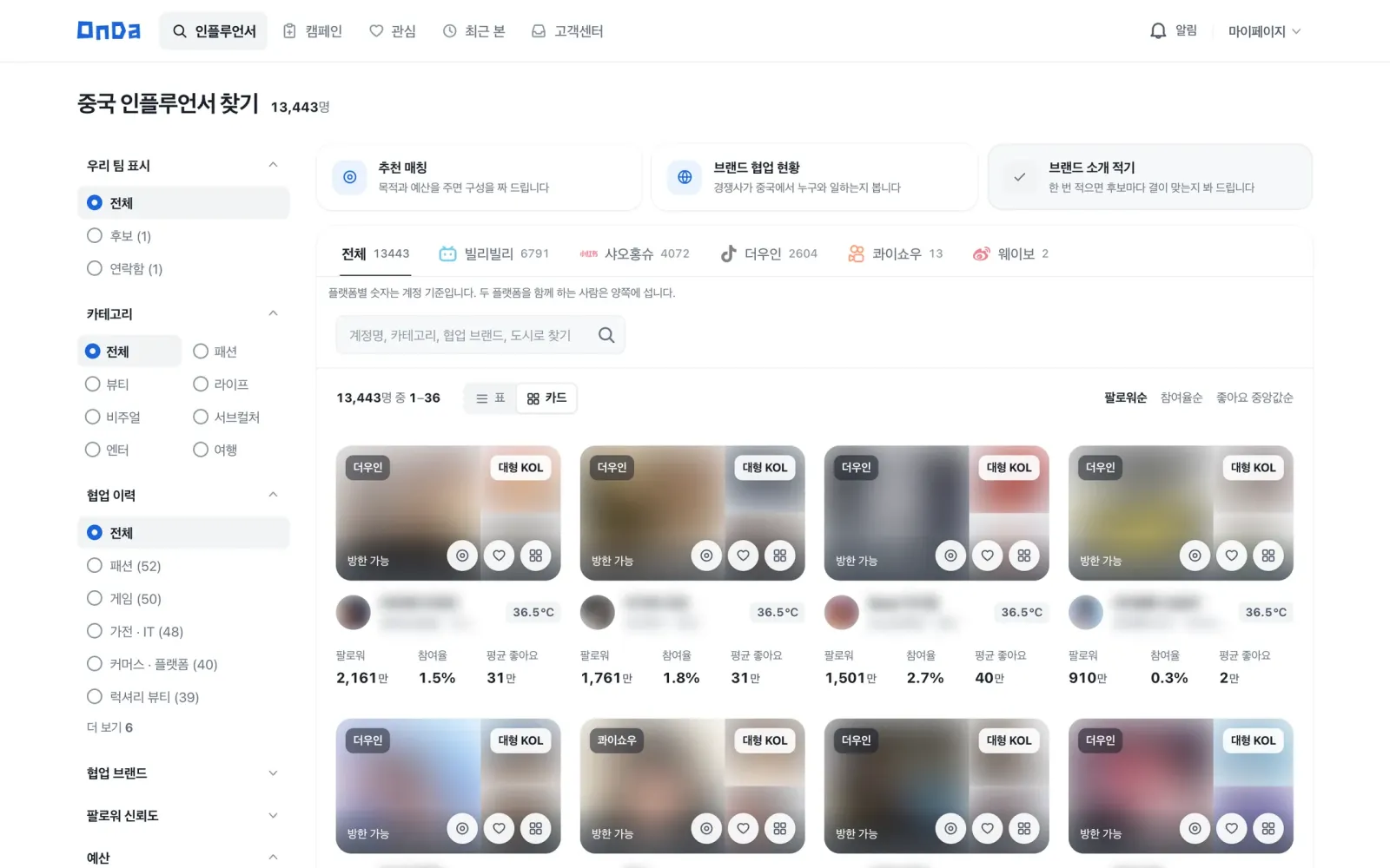 온다 인플루언서 명단 화면. 플랫폼 탭과 분야 필터, 인플루언서마다 팔로워 · 참여율 · 평균 좋아요가 카드로 보인다. 얼굴과 계정 이름은 가려져 있다
